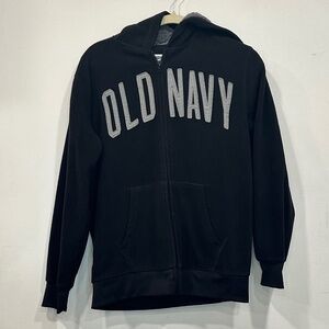 Old Navy Full Zip Black Grey Logo HOODIE SWEATSHIRT Fleece Hood 14/16 XL